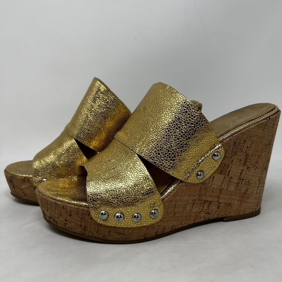 Nine West Open Toe Gold Strap NW Jaimy Wedge Heels Womens Size 8.5 M - Picture 2 of 12